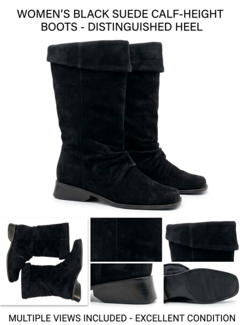 Markon Womens 10 Black Suede Leather Slouch Cuffed Calf Boots Square Toe-NEW